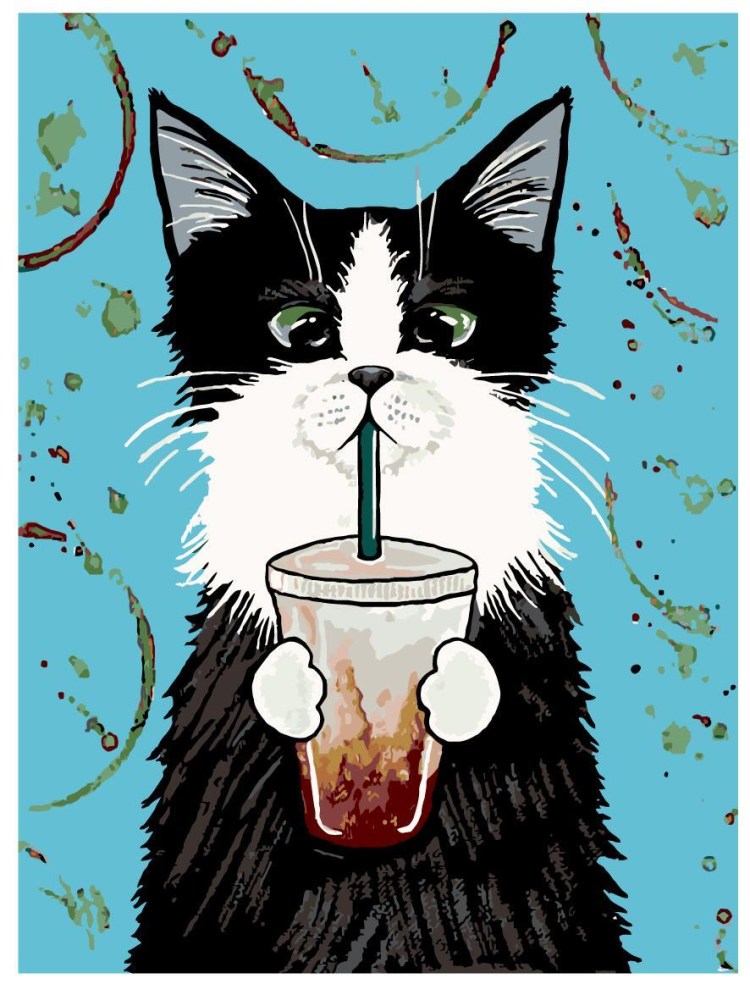 Кошечка с чашкой кофе