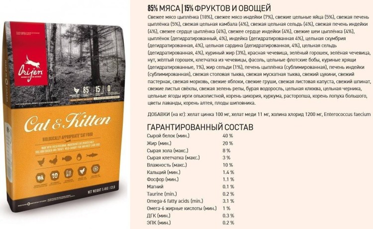 Корм Ориджен для кошек состав