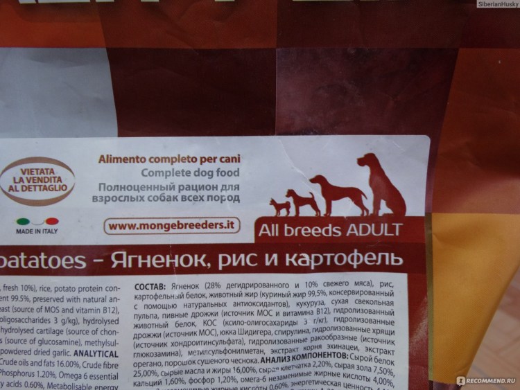 Корм Монж для собак таблица кормления