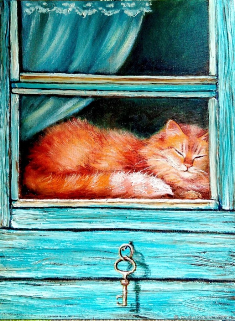 Кошка на окошке живопись