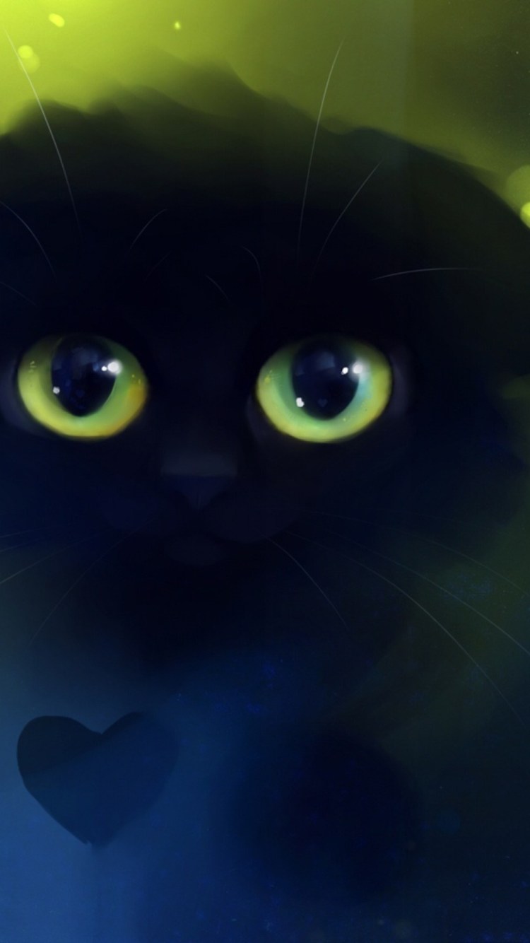 Чёрный кот с зелёными глазами арт