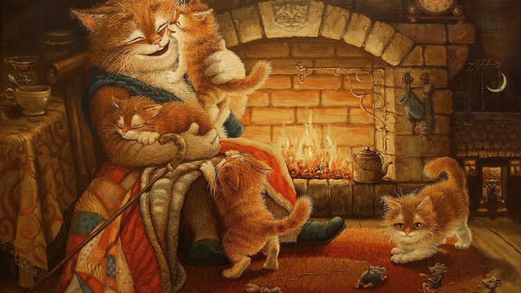 Кот возле камина