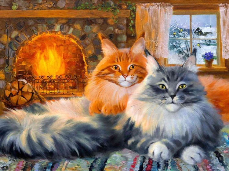 Уют камин кот