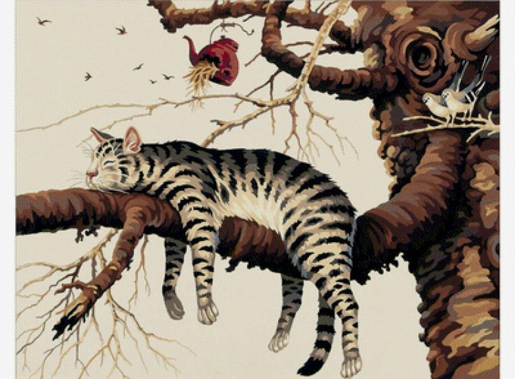 Вышивка крестом кот на дереве