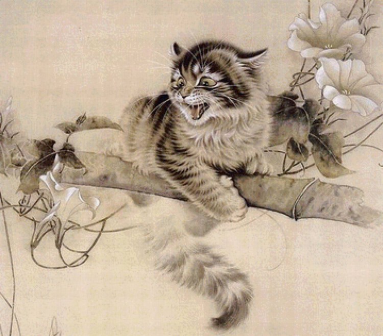 Вышивка кот на ветке