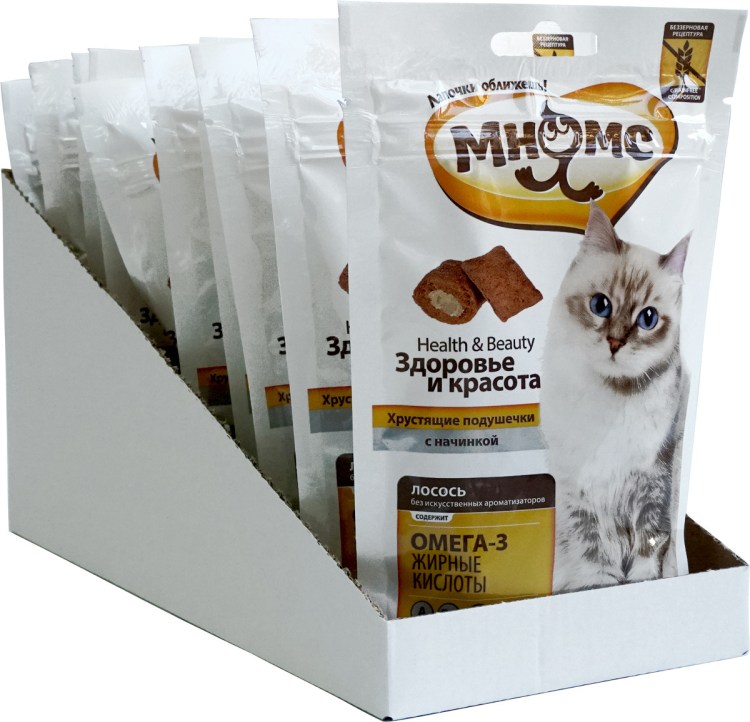 Мнямс хрустящие подушечки для кошек с лососем "здоровье и красота" 60 г
