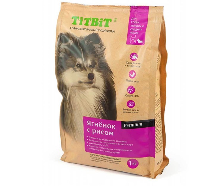 Корм для собак TITBIT (1 кг) для собак мелких и средних пород ягненок с рисом
