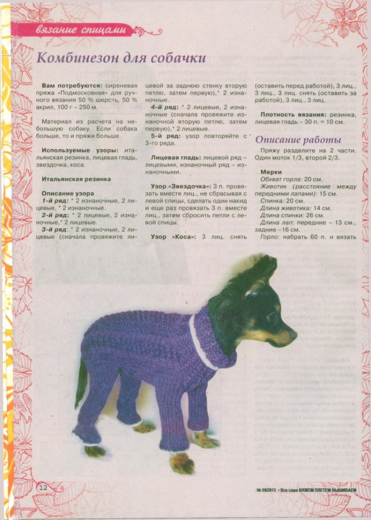Схема вязки комбинезона для собаки